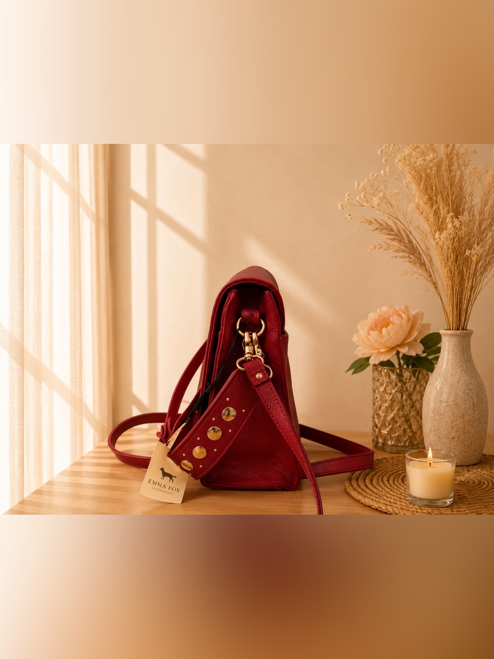Emma Fox Burgundy Leather Shoulder Bag with Gold Accent - Picture 3 of 10